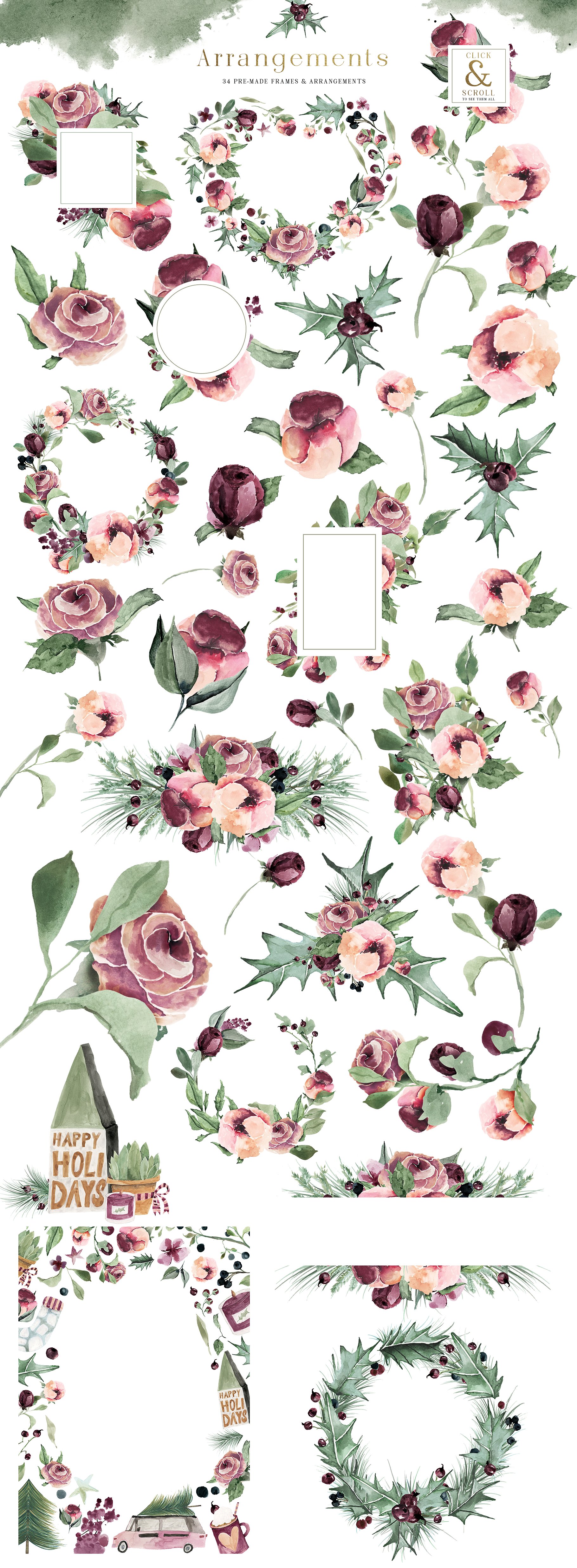 梅花圣诞水彩剪贴画 Plum Christmas Watercolor Clipart插图(7)