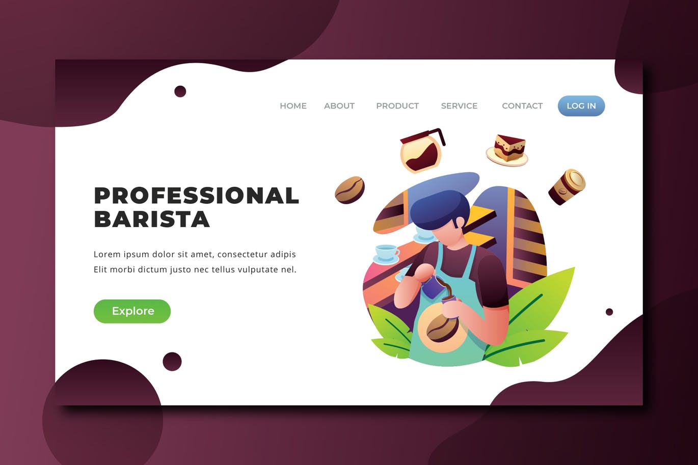专业咖啡师矢量插画网站着陆页设计PSD&AI模板 Professional Barista – PSD and AI Landing Page插图