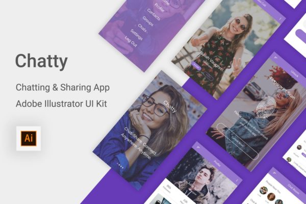 社交聊天&amp;分享APP应用UI设计素材库精选套件 Chatty – Chatting &amp; Sharing App -Adobe Illustrator
