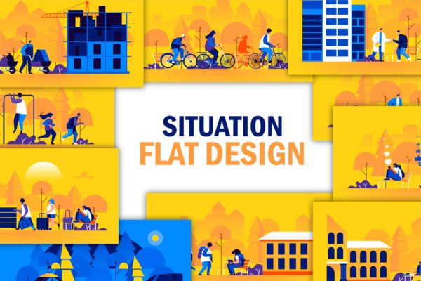 扁平设计风格人物场景网站&amp;APP设计矢量插画素材 Flat People Scene Situation Landing Page
