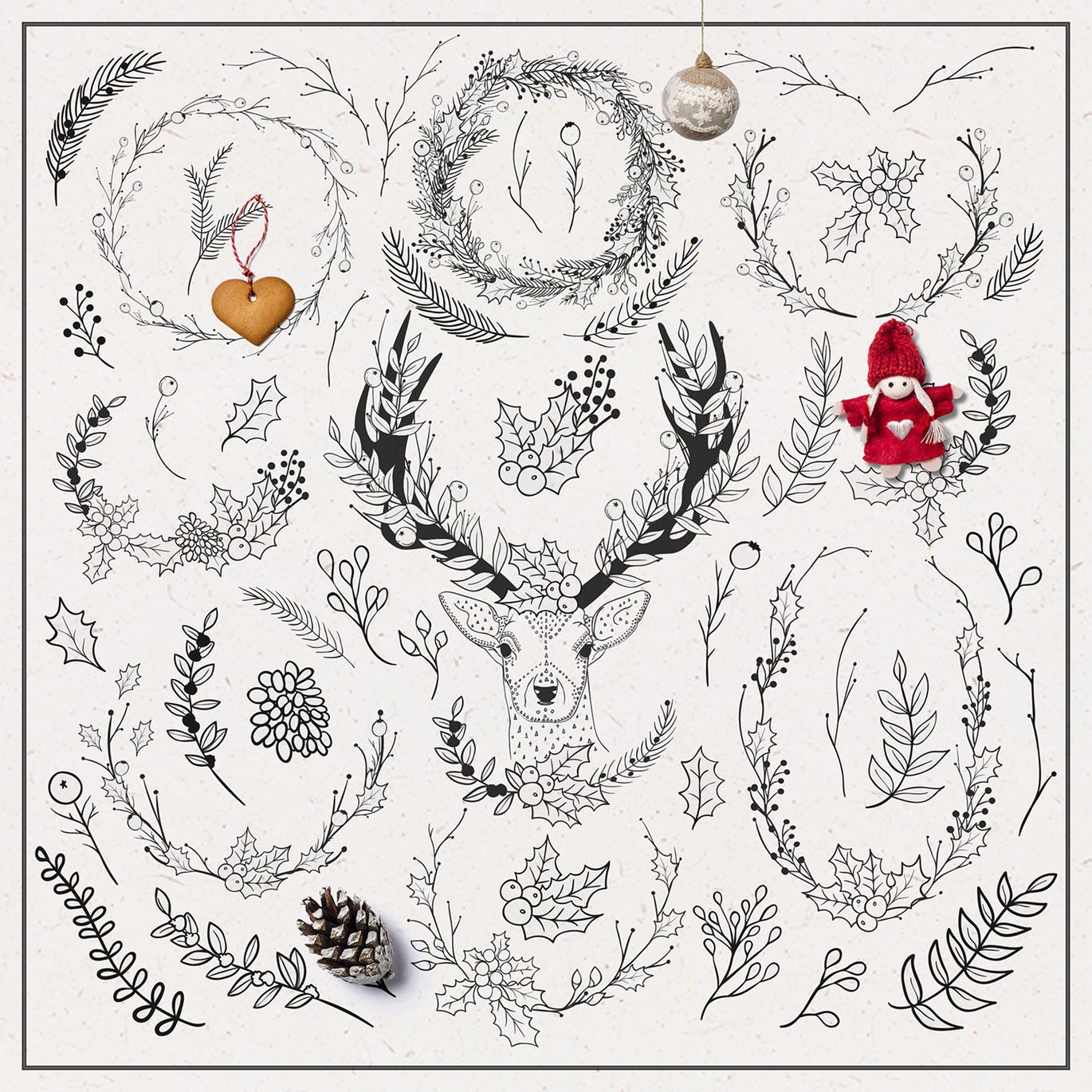 60+圣诞节主题手绘涂鸦花卉元素 Christmas Doodle Floral Elements插图(1)