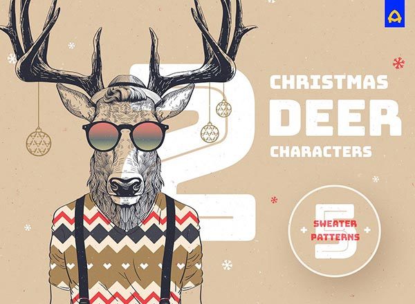 80年代穿复古毛衣的鹿5种不同的圣诞节模式