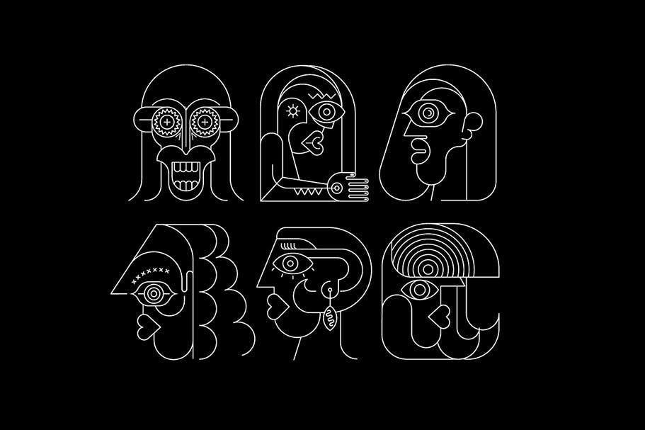 六幅霓虹灯肖像线条艺术矢量插画 Six Portraits Neon and 2 Line Art Options插图(2)