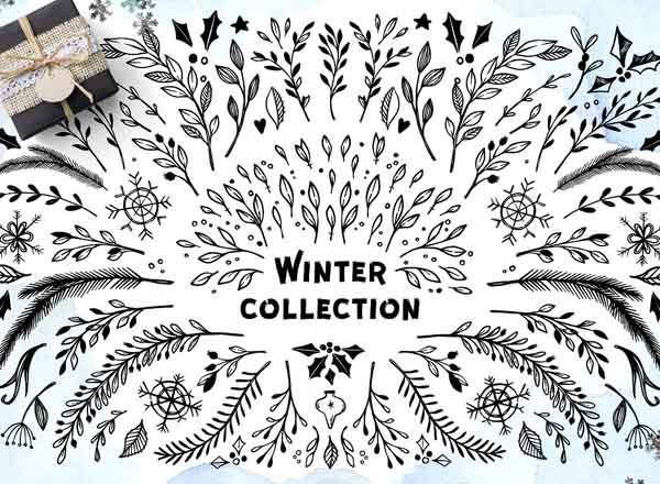 手绘冬日树木圣诞节素材打包下载[png,jpg]