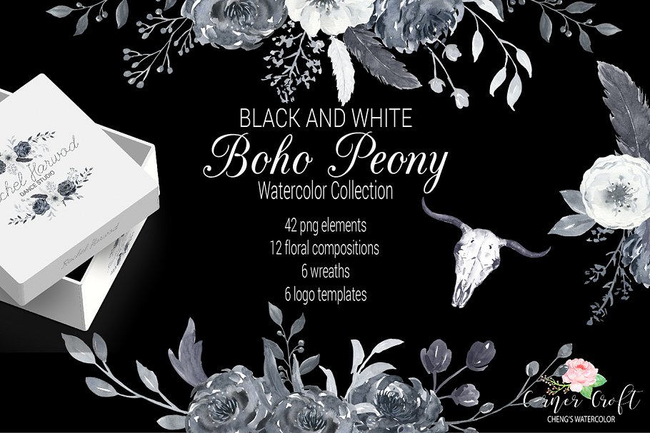 黑白色牡丹花水彩剪贴画 Boho Peonies Black and White插图