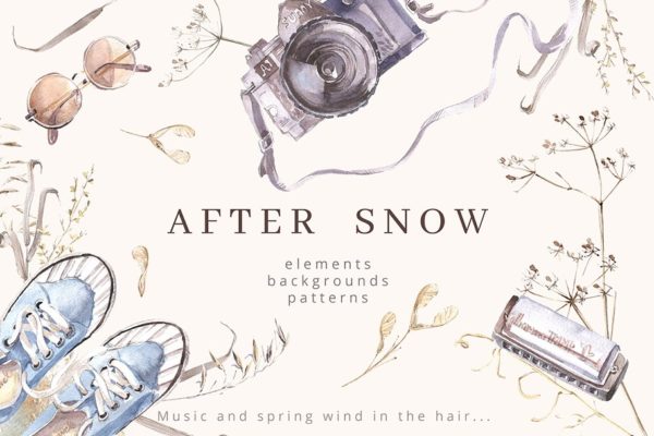 复古风格摄影水彩插画套装