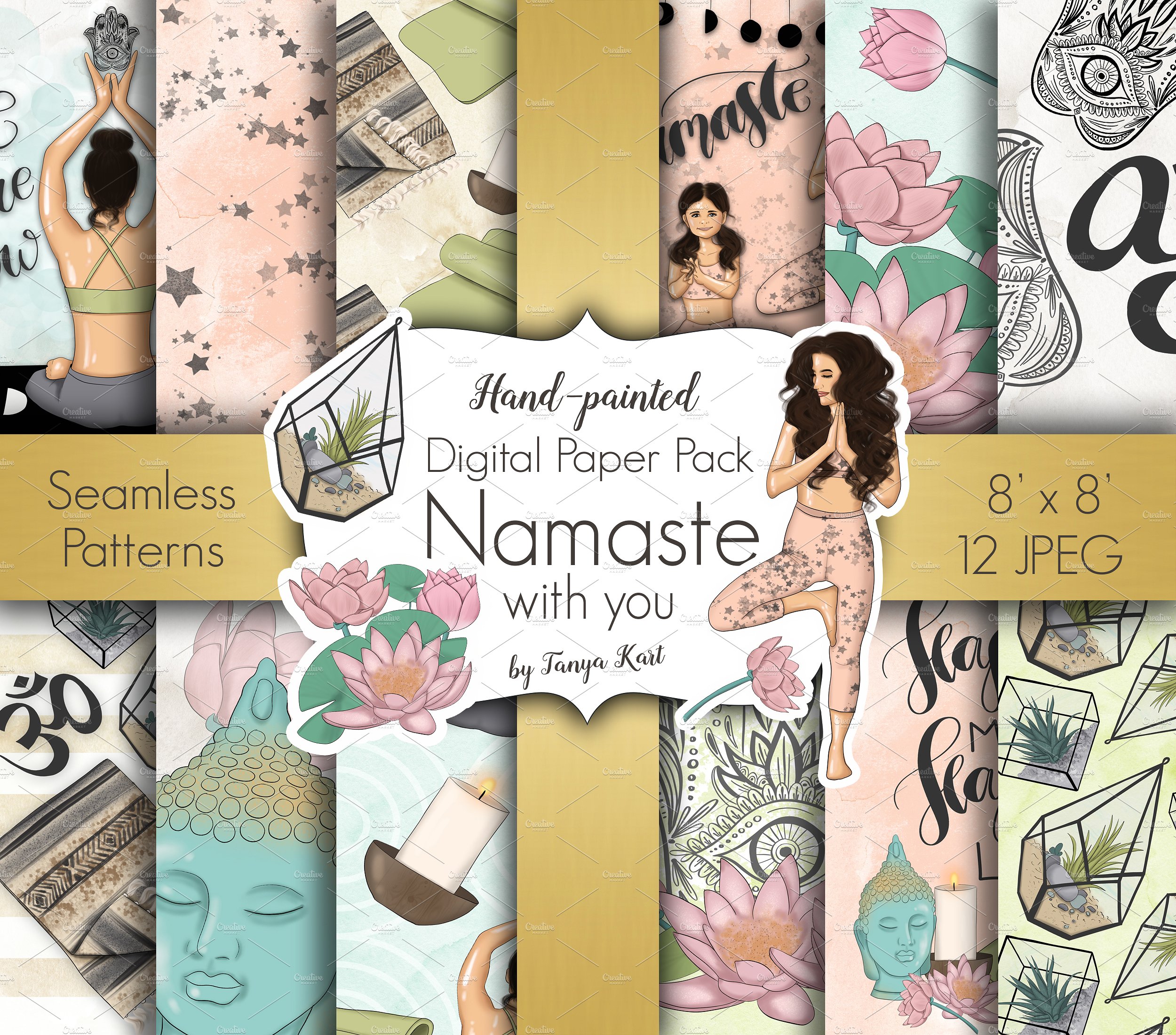 瑜伽经典合十礼动作数字纸张插画设计 Namaste Digital Paper Pack插图