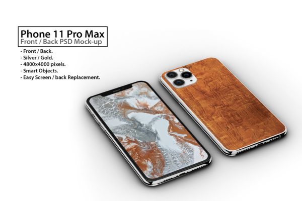 iPhone 11手机正方面视图样机模板 Tabled Phone 11 Front &amp; Back PSD Mock-up