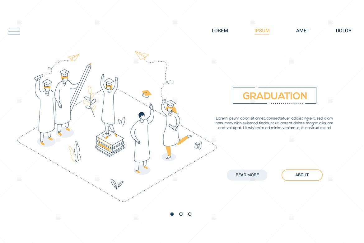 毕业素材库精选概念插画线性等距网页横幅设计模板 Graduation concept – linear isometric web banner插图(1)