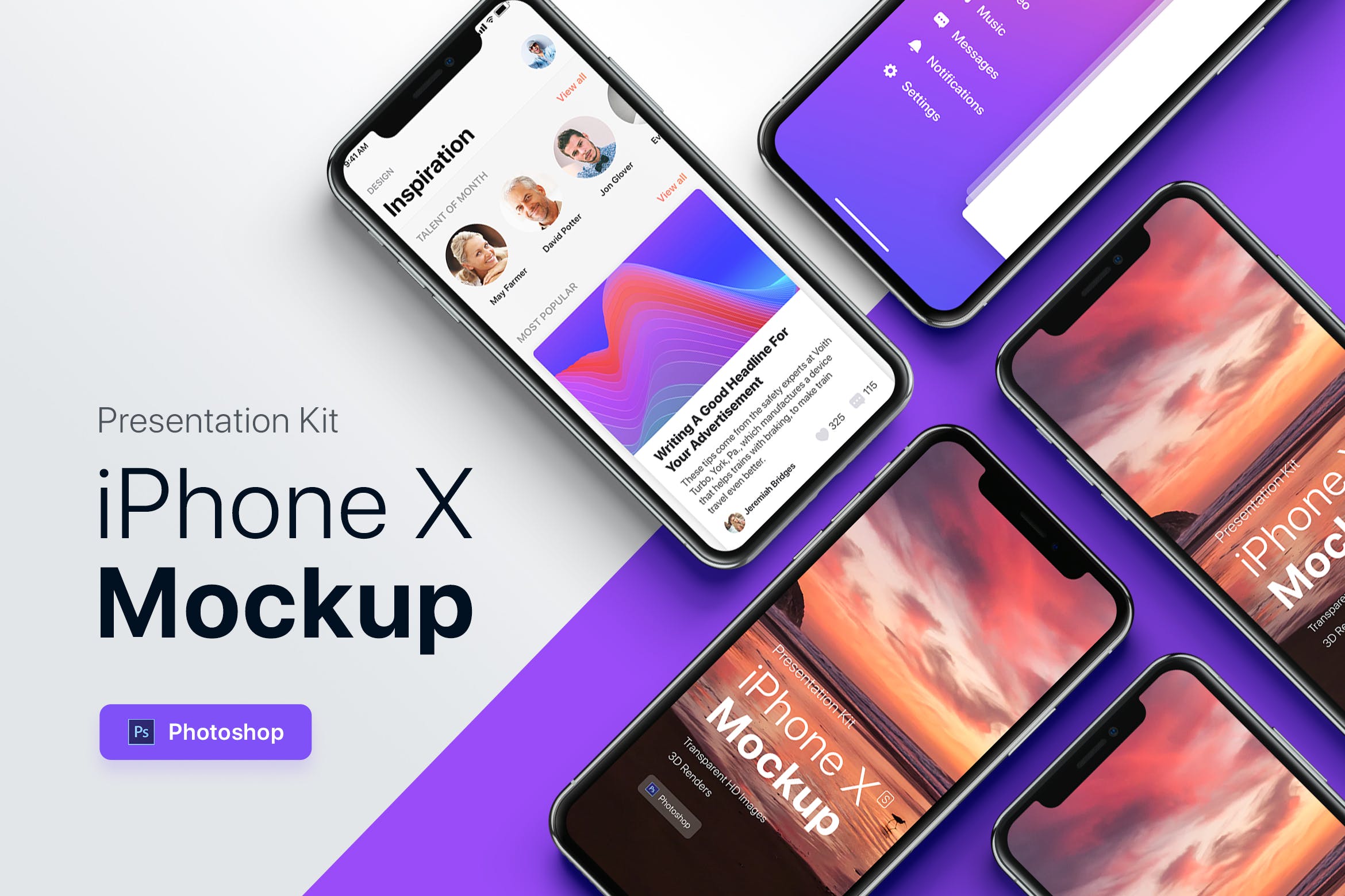 APP界面设计截图预览iPhone X手机样机模板v2 Presentation Kit – iPhone showcase Mockup插图