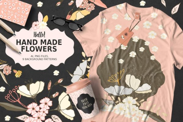 手绘花卉剪贴画图案纹理 Hand Made Flowers