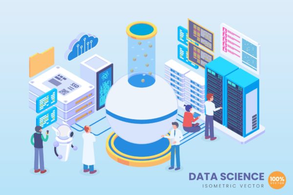 数据科学等距矢量素材库精选概念插画v2 Isometric Data Science Vector Concept