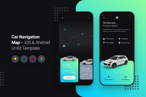iOS/Android平台汽车导航APP应用UI设计套件 Car Navigation Map iOS &amp; Android UI Kit Template