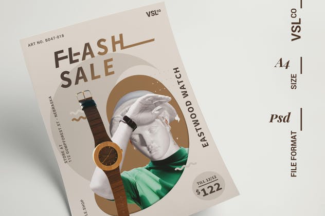 手表单品优惠促销海报设计模板 Wood Watch Poster插图(1)