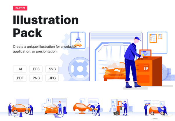 素材库下午茶：汽车维修保养服务矢量场景插画