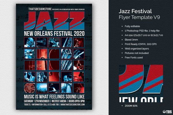 爵士音乐节活动海报设计PSD模板v9 Jazz Festival Flyer PSD V9