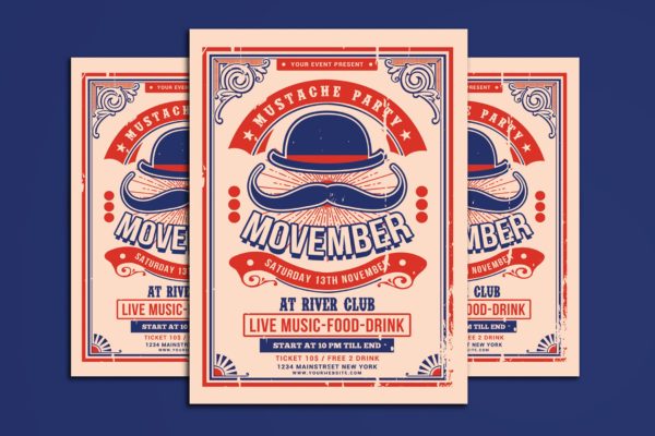 英国大胡子月派对活动海报传单素材库精选PSD模板 Movember Moustache Party Flyer