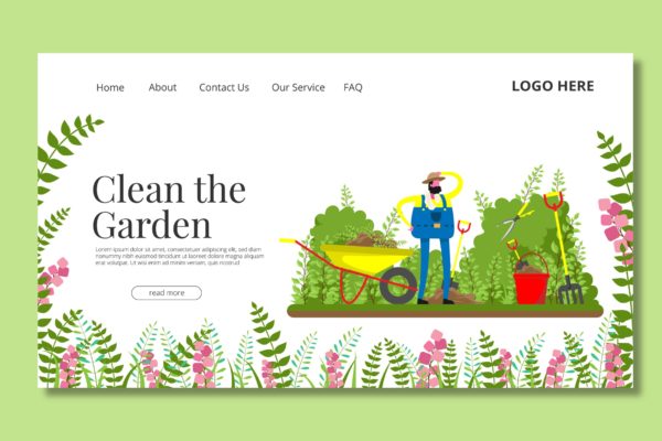 园丁主题矢量插画网站着陆页设计素材库精选模板 Gardener – Landing Page