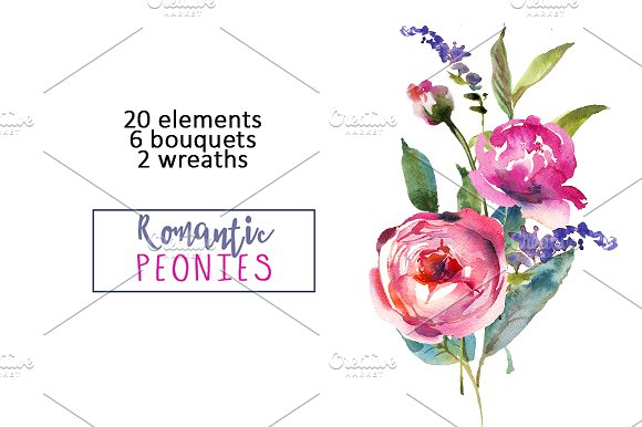 粉色牡丹花水彩剪贴画艺术 Pink Peonies Watercolor Clip Art插图(1)