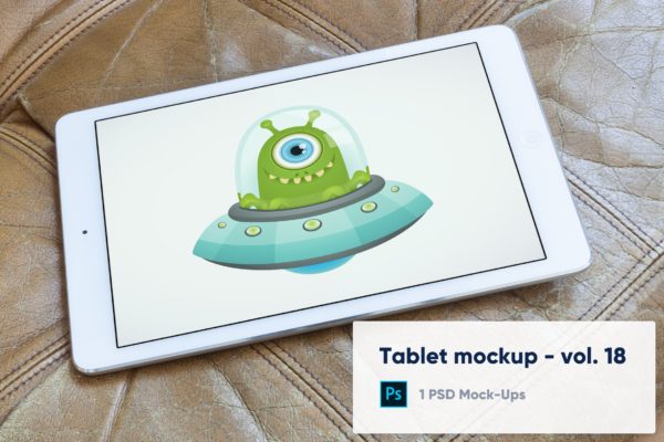 棕色皮革背景iPad平板电脑屏幕演示素材库精选样机v18 Tablet on Brown Leather Background Mockup – Vol.18