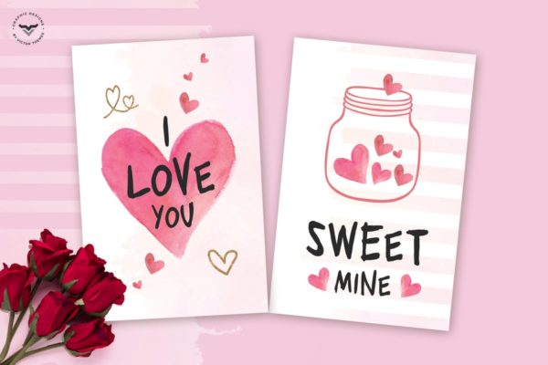 粉色爱心图形情人节贺卡PSD模板 Valentines Day Greeting Card Template