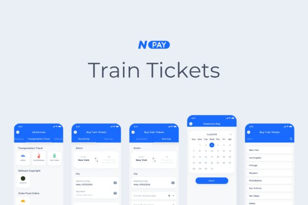 电子钱包APP应用UI设计之火车高铁订票界面设计模板 Train Tickets – Wallet Mobile UI – N