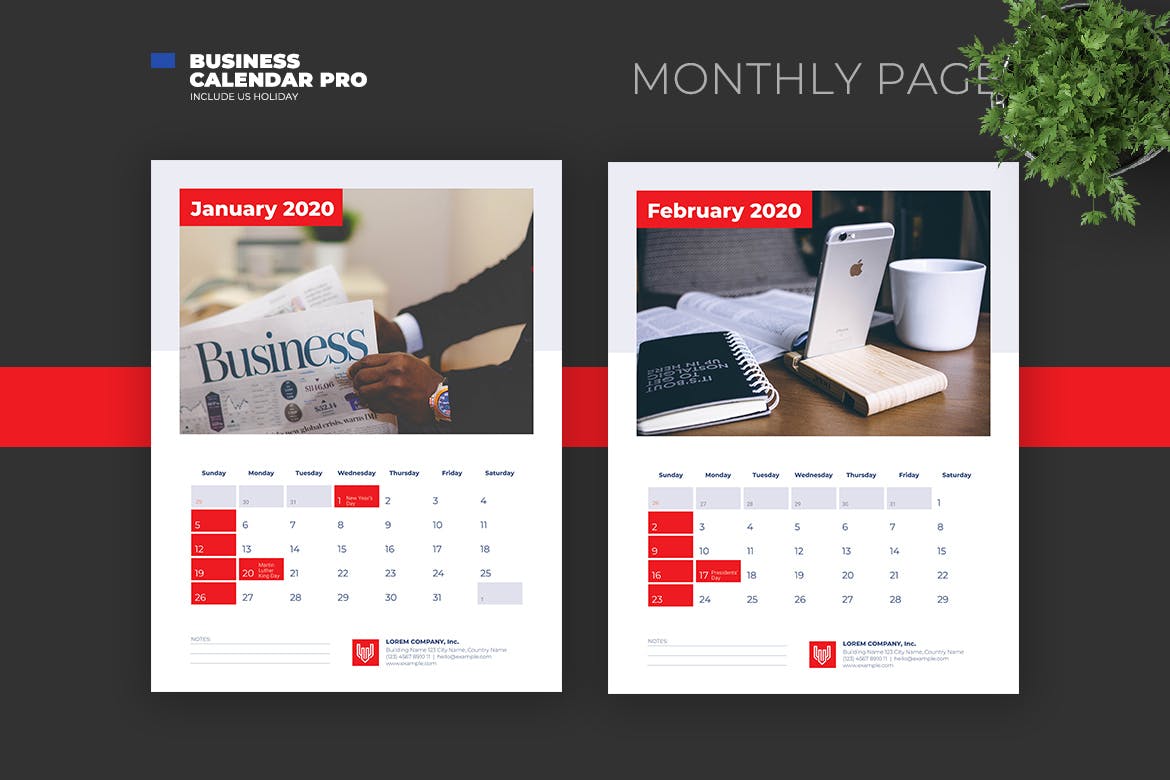 简约商务设计风格2020年日历表设计模板v1 2020 Clean Business Calendar with US Holiday插图(3)