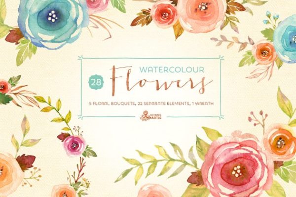 水彩花卉剪贴画合集 Watercolor Flowers Pack