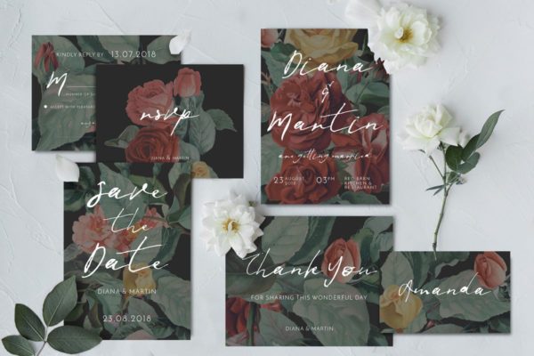 现代英式玫瑰插画婚礼邀请函设计模板套装 Modern English Garden Wedding Suite