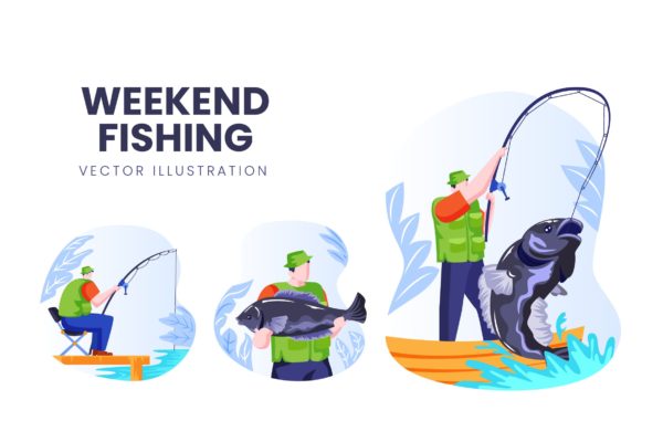 钓鱼爱好者人物形象素材库精选手绘插画矢量素材 Weekend Fishing Vector Character Set