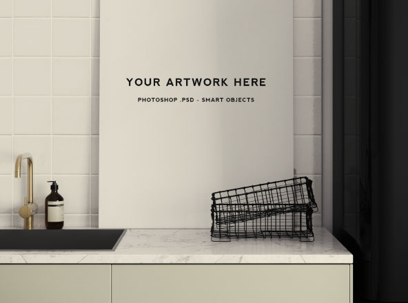 厨房场景海报设计效果图预览样机 Poster Mockup in Kitchen Scene Setting