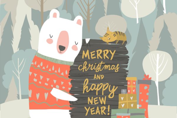 可爱的卡通熊形象圣诞节庆祝主题矢量手绘素材 Cute cartoon bear celebrating Christmas. Vector