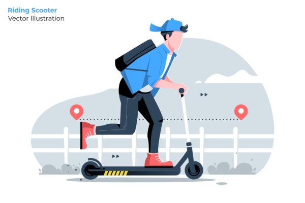骑踏板车场景矢量插画素材库精选素材 Riding Scooter – Vector Illustration
