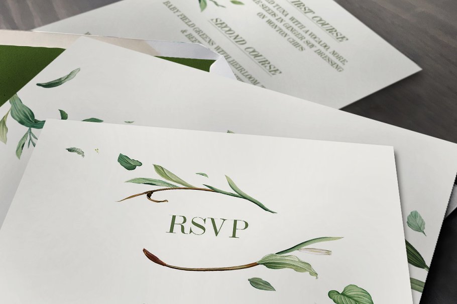 绿色婚礼邀请函设计模板 Green Foliage Wedding Suite插图(2)
