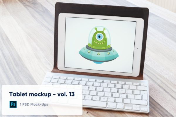 附带键盘套的iPad平板电脑屏幕预览素材库精选样机模板v13 Tablet in Keyboard Case Desk Mockup – Vol. 13