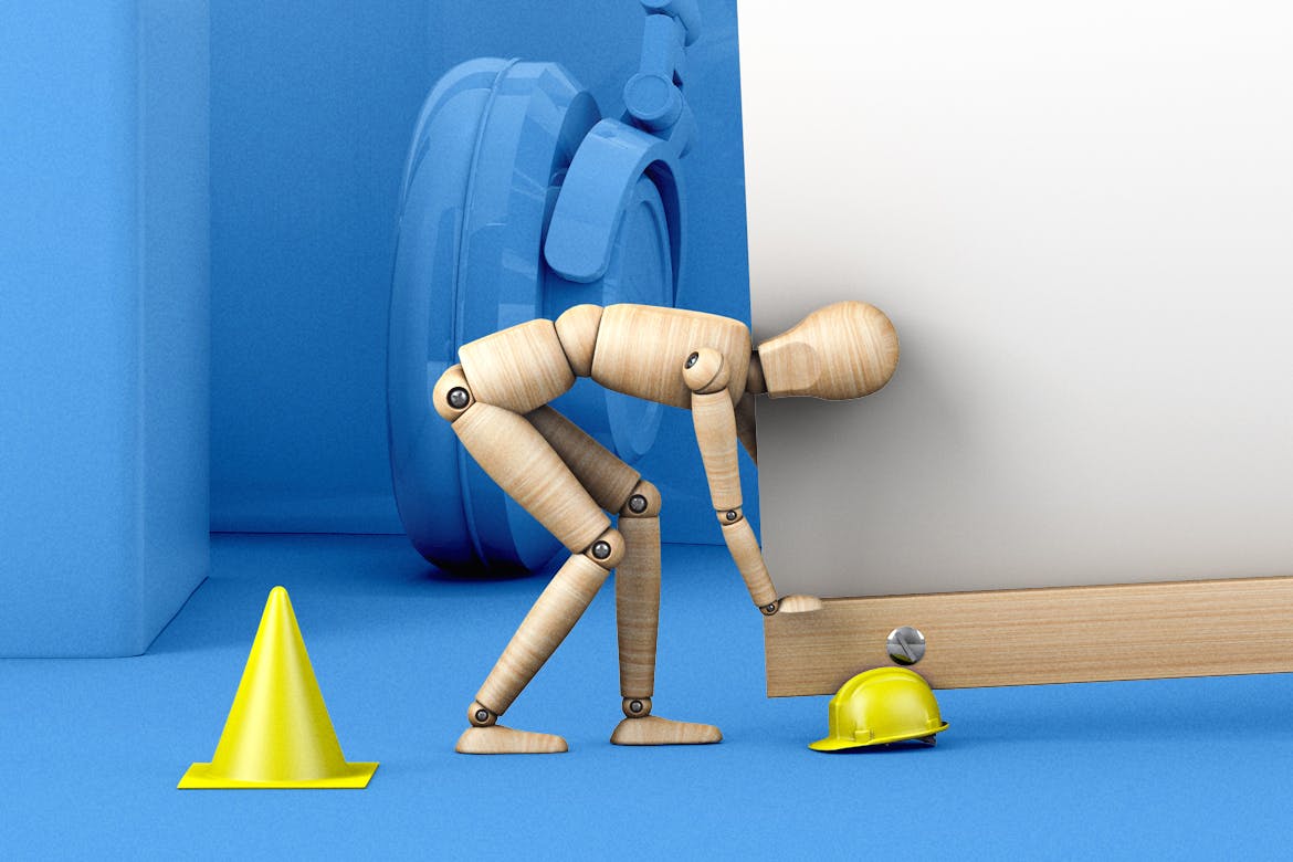 木偶悬挂海报场景海报效果图样机素材库精选模板 Hanging Poster With Wooden Men Mockup插图(2)