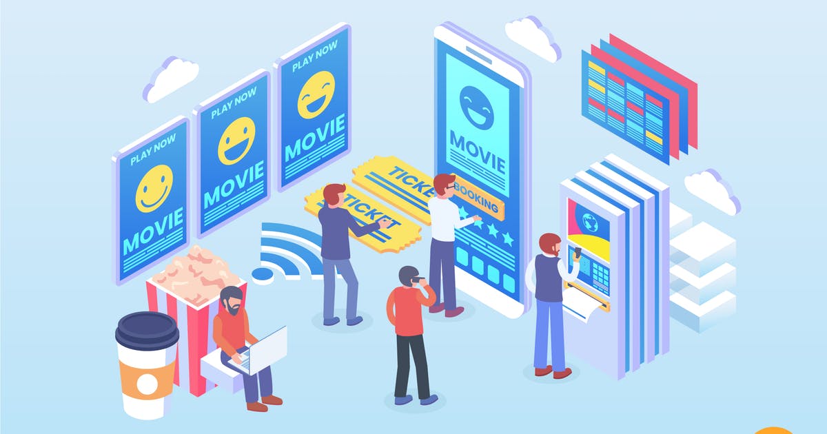 在线订票系统2.5D等距概念插画 Isometric Online Ticket Booking Vector Concept插图