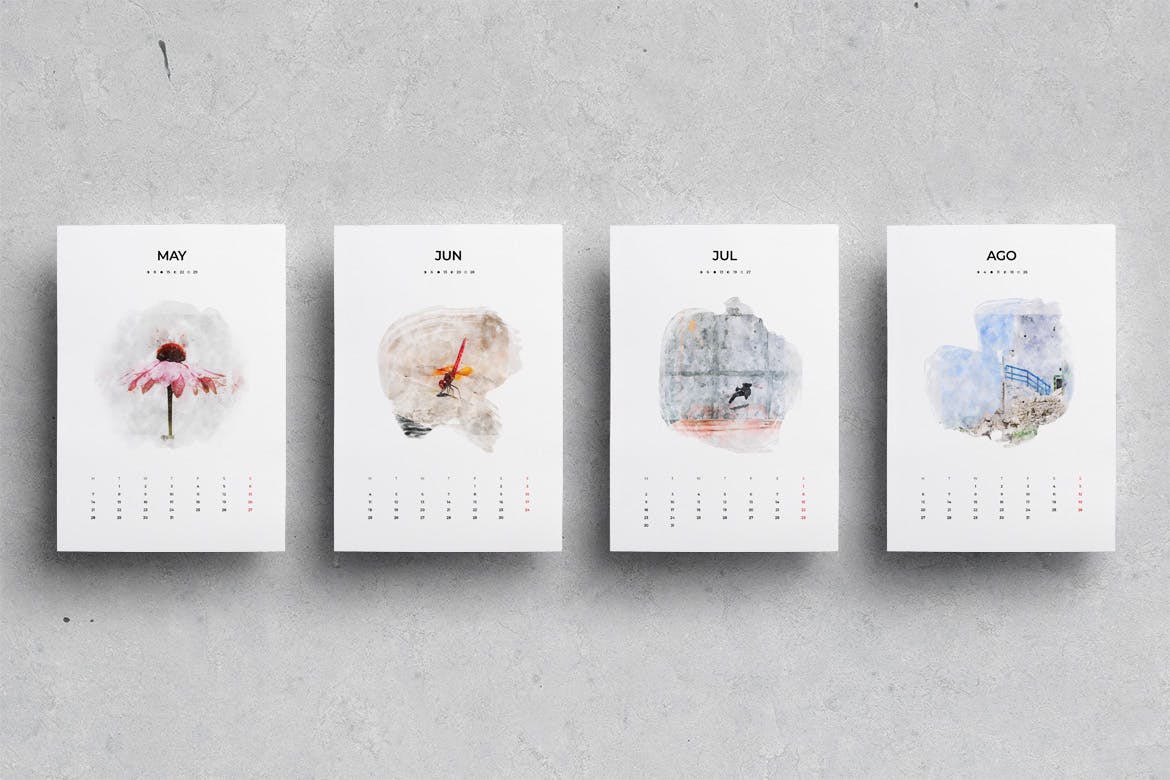水彩手绘插画设计风格2020日历表年历表设计模板 2020 Watercolor Calendar插图(3)