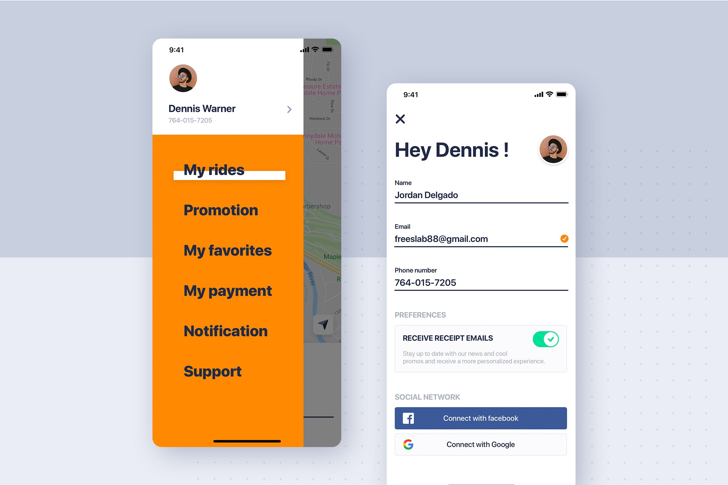类滴滴打车APP应用用户中心及菜单界面设计模板 Car rental mobile UI Kit – My profile & menu插图