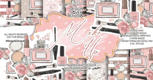 化妆品美妆水彩背景图案设计素材 Make up digital paper pack