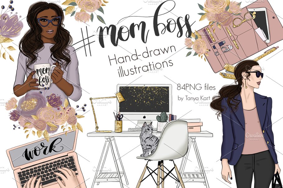 女强人女性形象手绘插画素材 Mom Boss Hand Drawn Illustrations插图