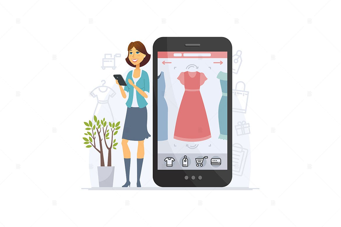 网上购物卡通人物矢量插画素材 Shopping online – cartoon character illustration插图