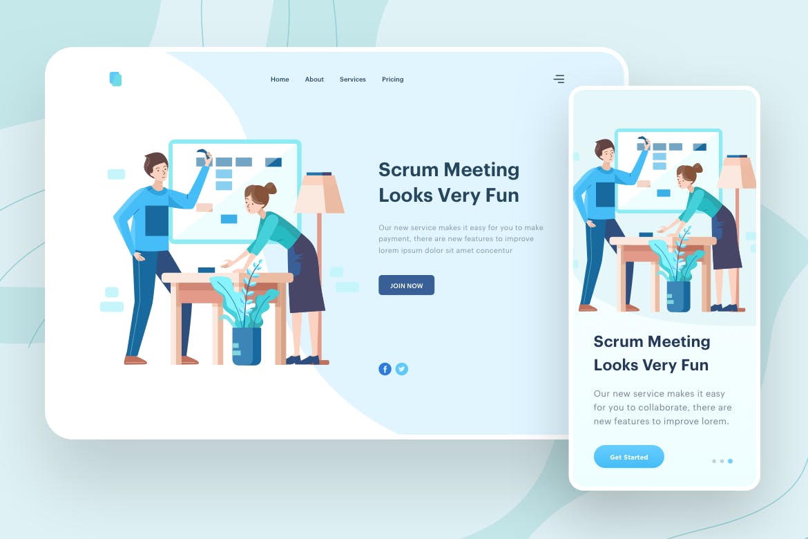 每日站会主题APP&Web矢量插画 Scrum Meeting Illustration – Website Header插图(1)