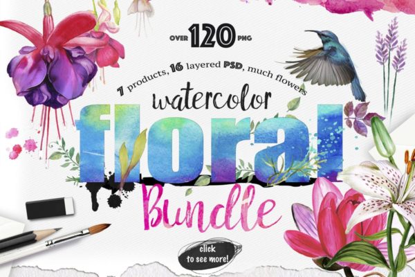 水彩花卉插画元素大合集 Watercolor Bundle over 120 PNG