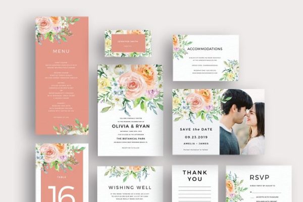 彩色水彩花卉婚礼邀请函模板集 Pastel watercolor floral invitation