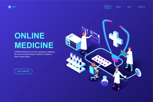 医疗行业等距概念插画网站着陆页设计模板 Medicine Isometric Landing Page Template