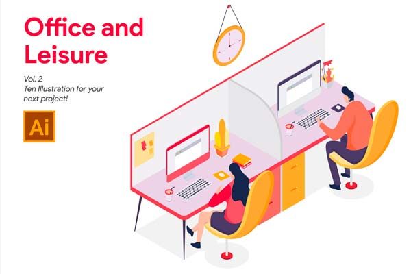 素材库下午茶：2.5D办公室概念矢量插画素材下载[Ai]