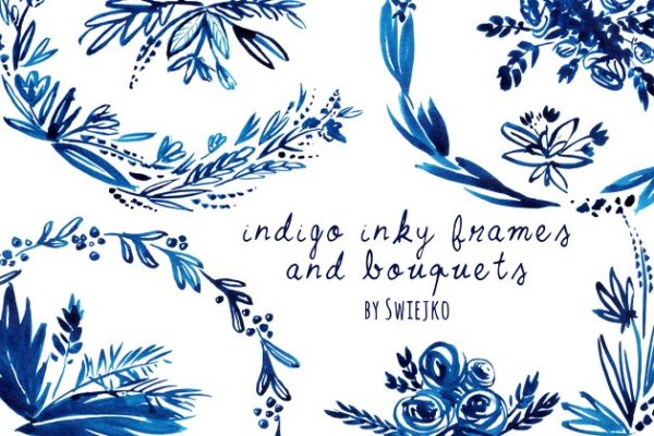 靛蓝手绘花圈素材 Indigo Hand painted Wreaths