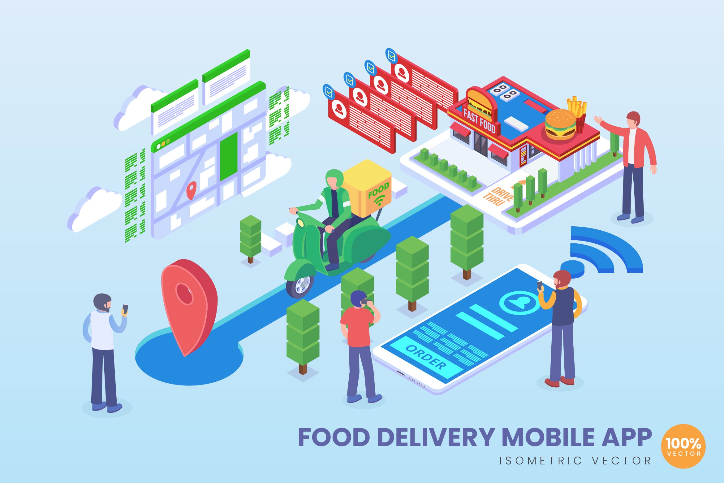 新型快餐配送技术等距矢量科技素材库精选概念插画v2 Isometric Food Delivery Vector Concept插图