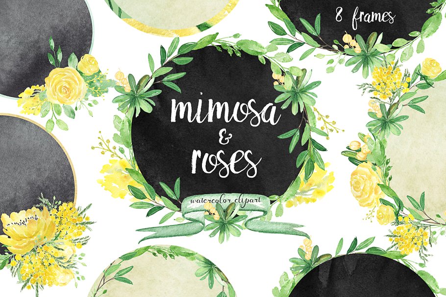 黄色含羞草&蔷薇花水彩插画素材 Mimosa & roses  yellow flowers插图(3)